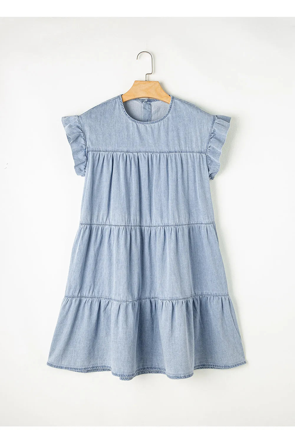 Beau Blue Ruffle Short Sleeve Tiered A-line Denim Dress - Chic Meadow Boutique 