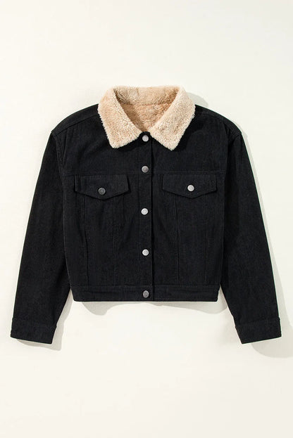 Black Fleece Lined Button-up Collared Corduroy Crop Jacket - Chic Meadow Boutique 