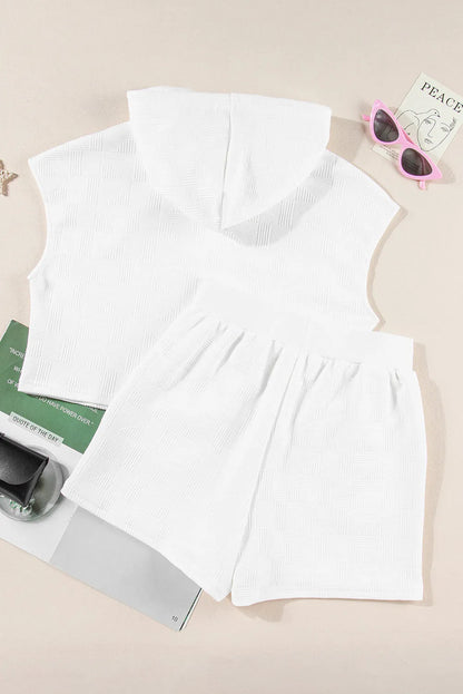 White Textured Cropped Hoodie and Shorts Set - Chic Meadow Boutique 