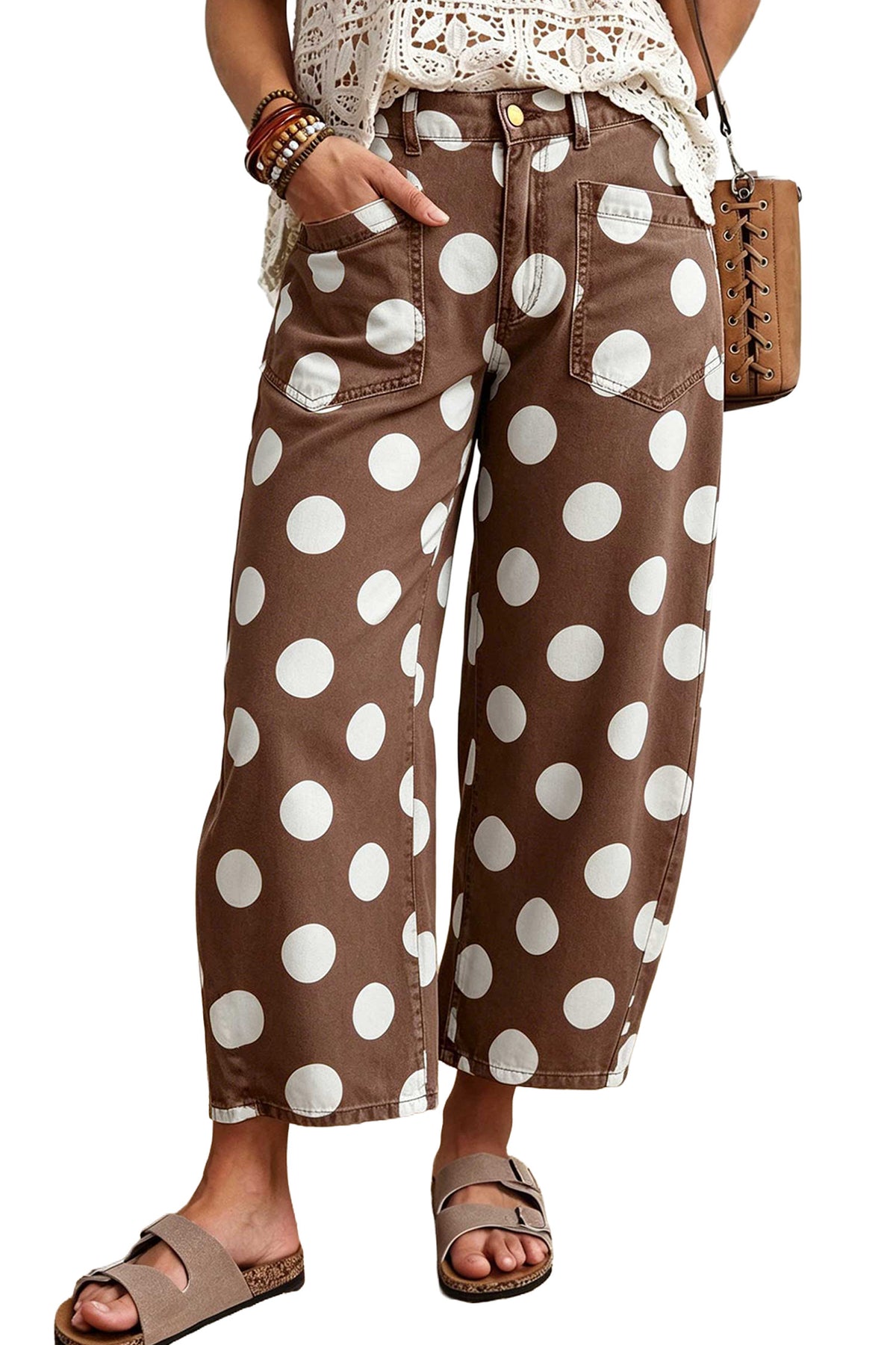 Brown Polka Dot Ankle-Length Barrel Jeans