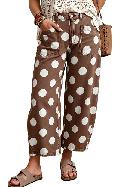 Brown Polka Dot Ankle-Length Barrel Jeans
