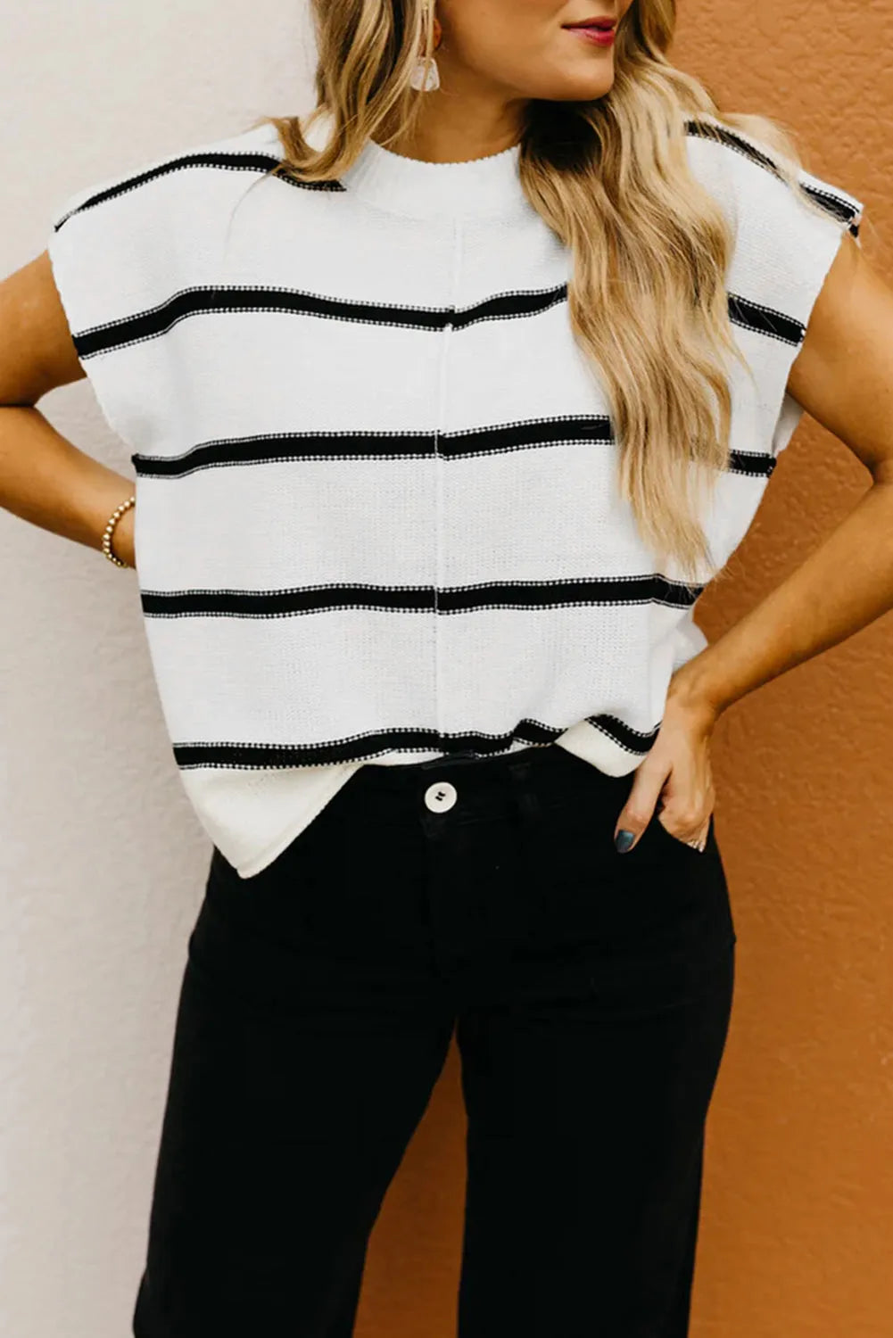 White Striped Batwing Sleeve Sweater Tee - Chic Meadow Boutique 