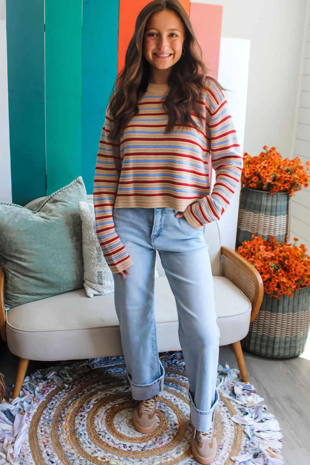 Khaki Stripe Drop Shoulder Cropped Long Sleeve Fall Sweater