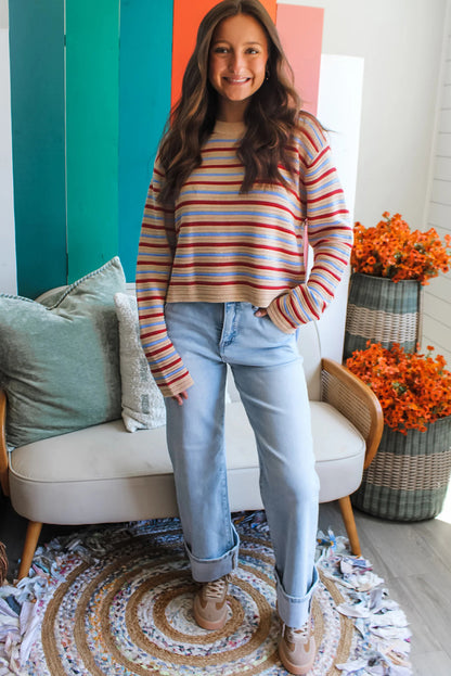 Khaki Stripe Drop Shoulder Cropped Long Sleeve Fall Sweater