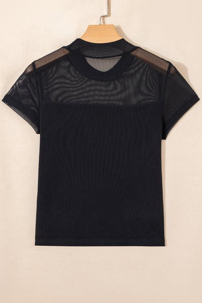 Black Sheer Mesh Patchwork Cap Sleeve T Shirt