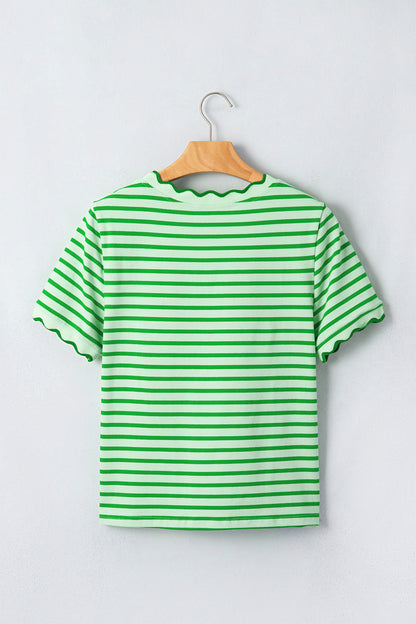 Green Stripe Scalloped Trim Round Neck T Shirt