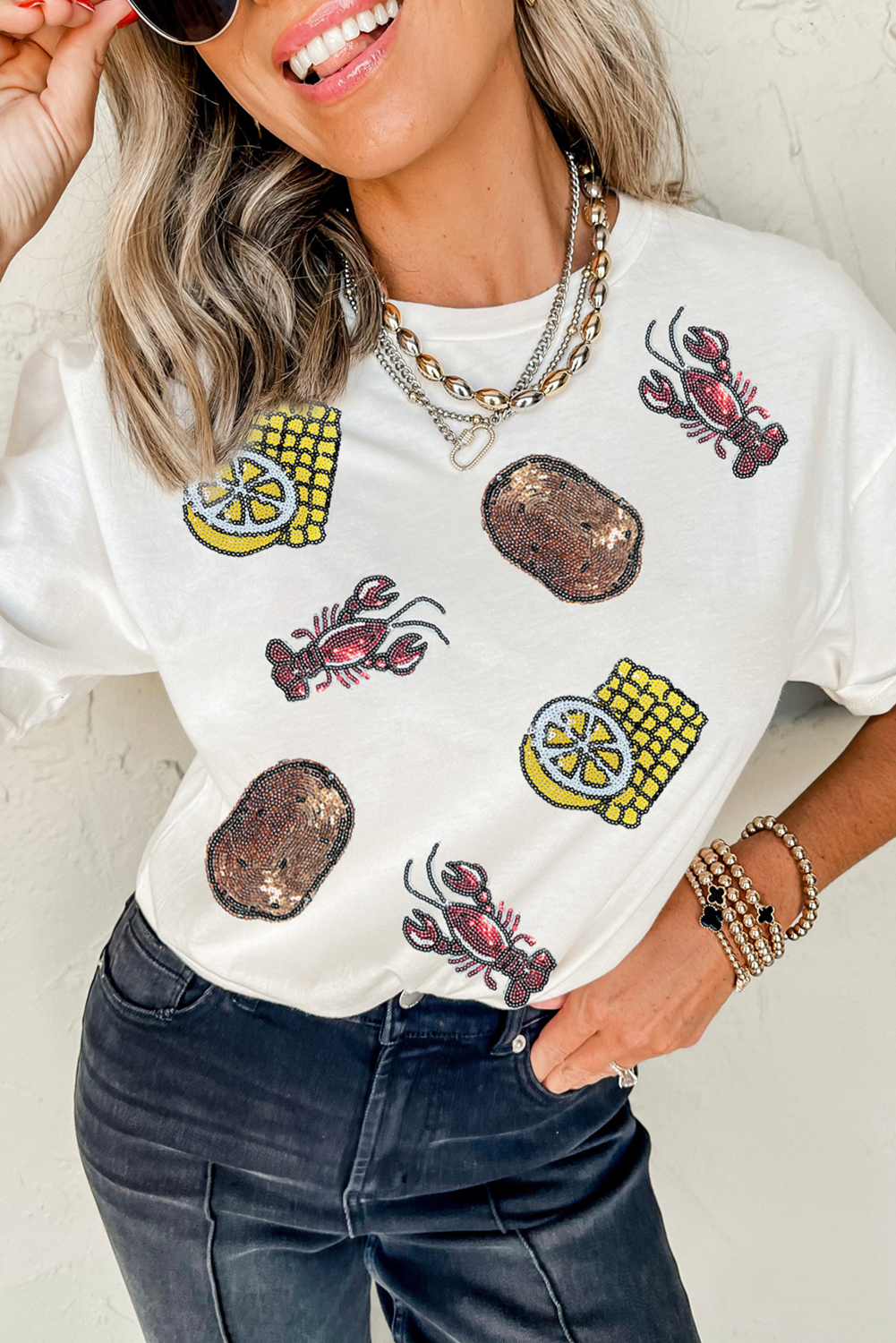 White Sequin Crawfish Potato Lemon Corn Graphic Crewneck T Shirt