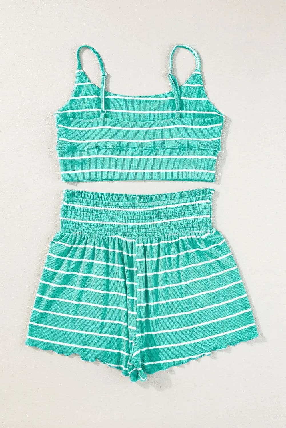 Two Piece Sets/Short Sets Green Stripe U Neck Crop Cami Top and Shorts Outfit