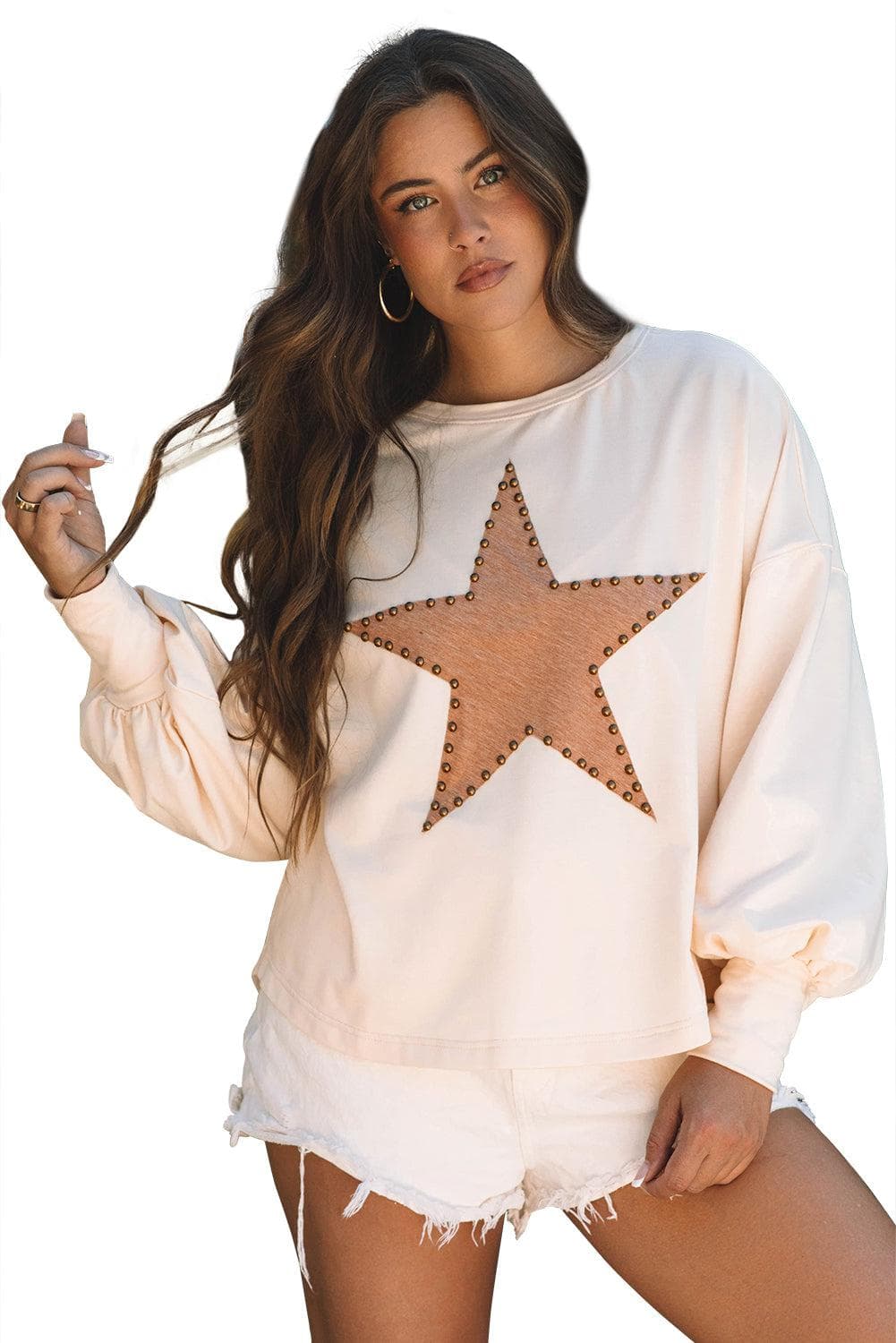 Tops/Long Sleeve Tops Apricot Studded Star Graphic Oversized Long Sleeve Top