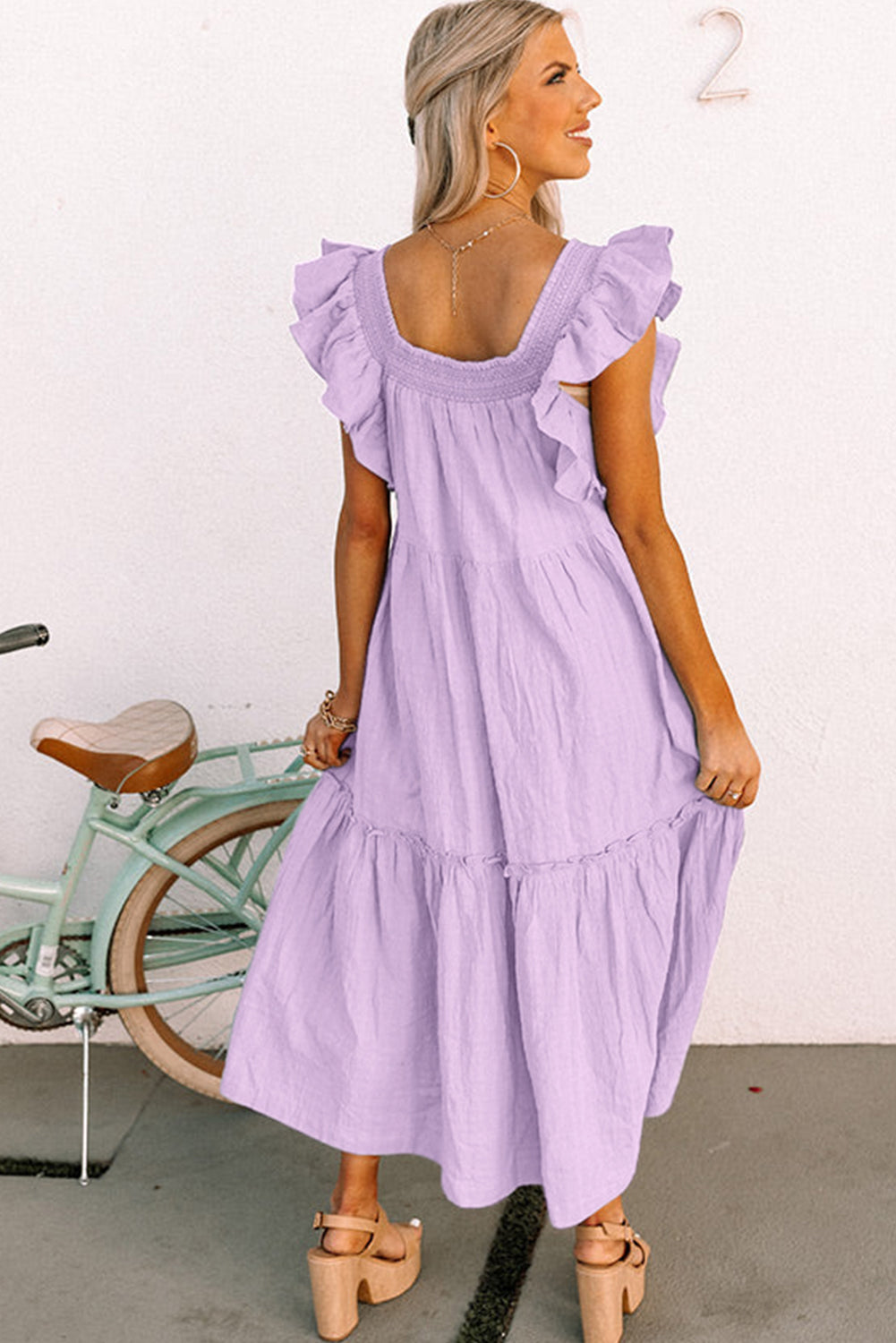 Purple Ruffled Flutter Sleeve Square Neck Textured Tiered Maxi Dress