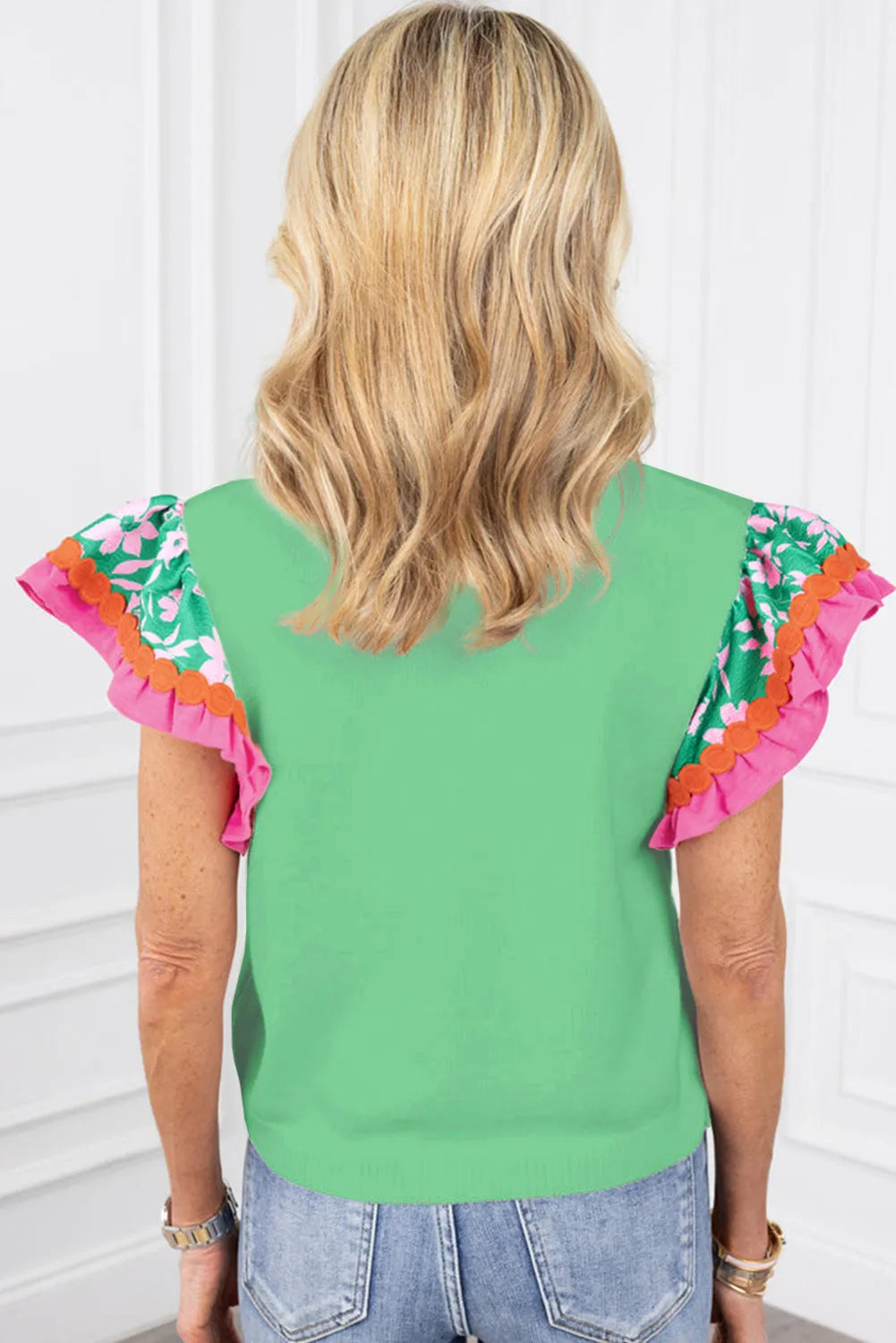 Tops/Tops & Tees Light Green Contrast Ricrac Floral Sleeve Top