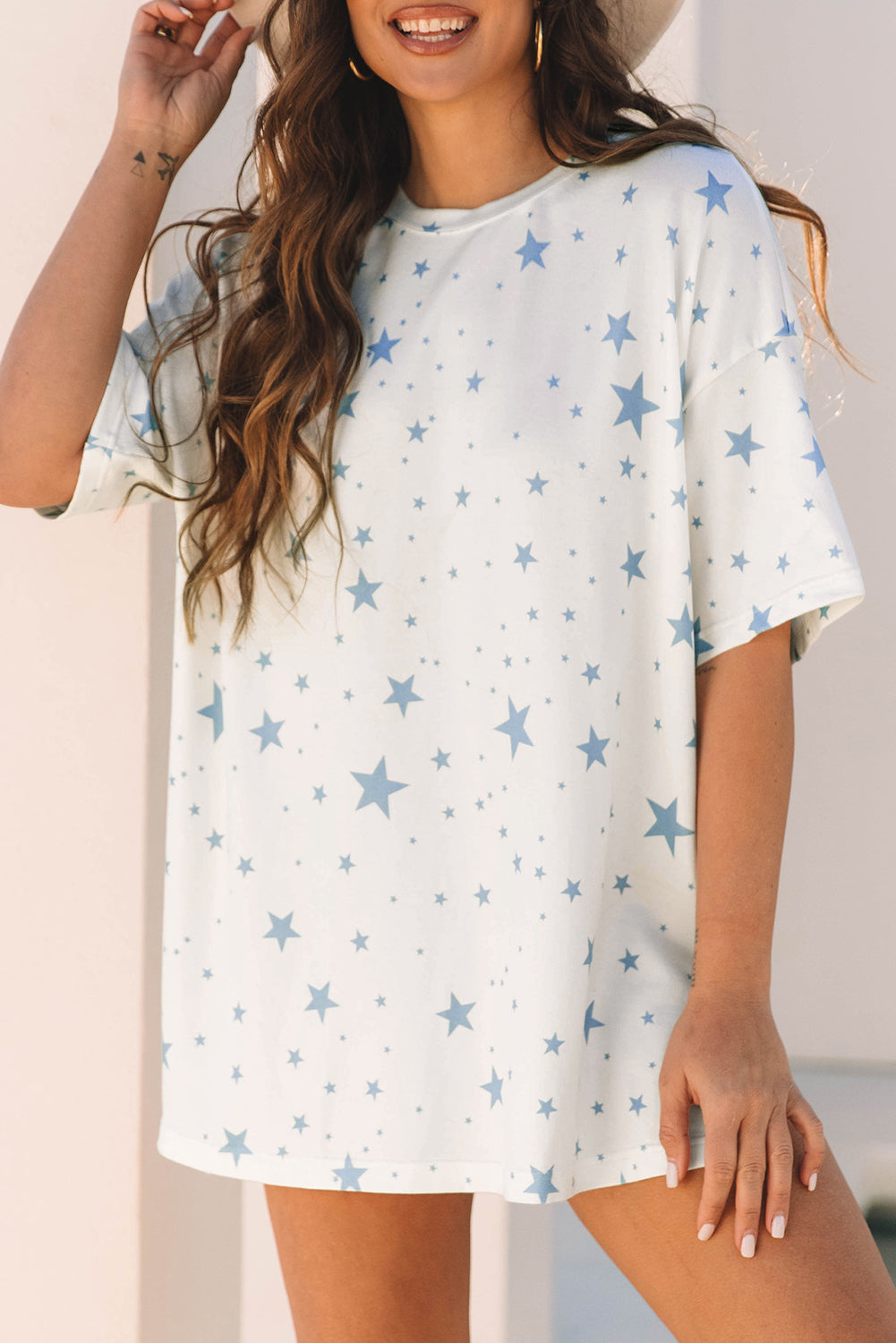 Sky Blue Stars Print Drop Shoulder Oversized T Shirt with Slits