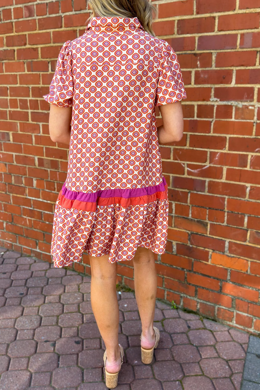Orange Geometric Floral Print Color Block Trim Button Front Ruffle Hem Dress
