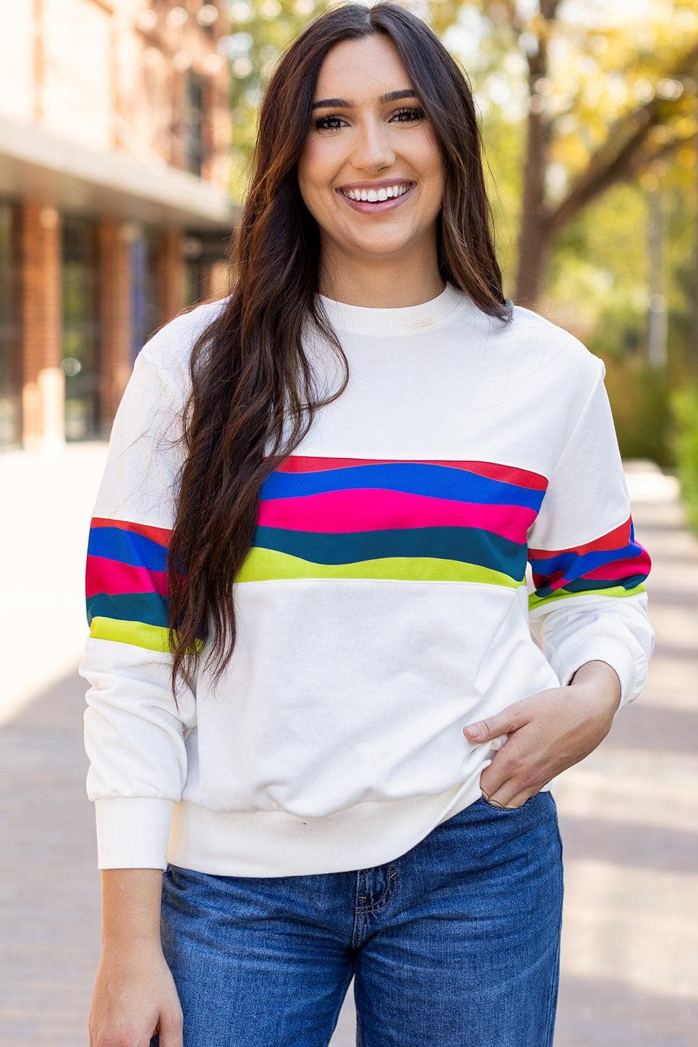 Tops/Long Sleeve Tops White Colorful Striped Accent Long Sleeve T Shirt