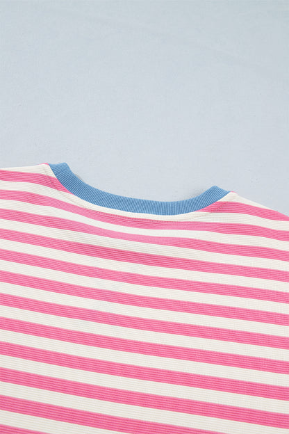 Pink Stripe Contrast Patchwork Short Sleeve T Shirt Shift Dress