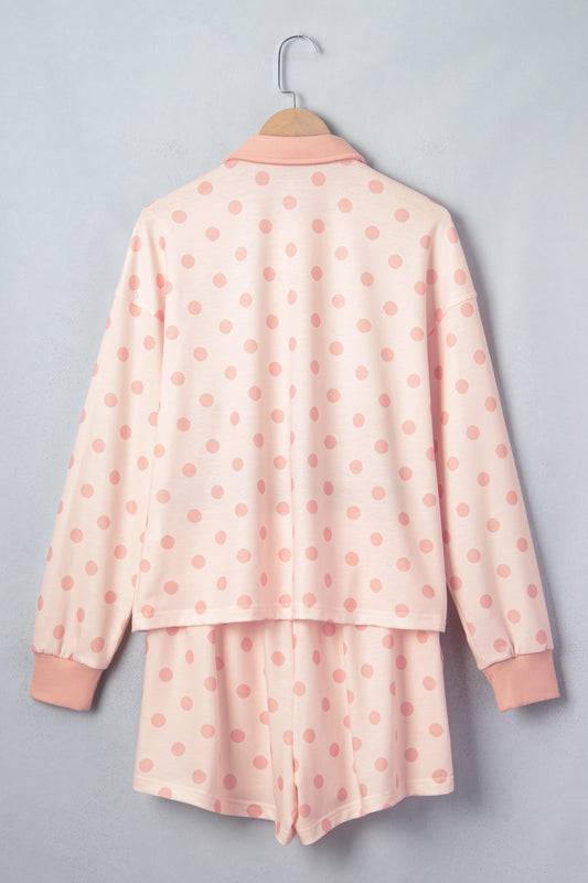 Pink Polka Dot Drop Shoulder Polo Loose Pullover Patch Pocket Casual Shorts Set