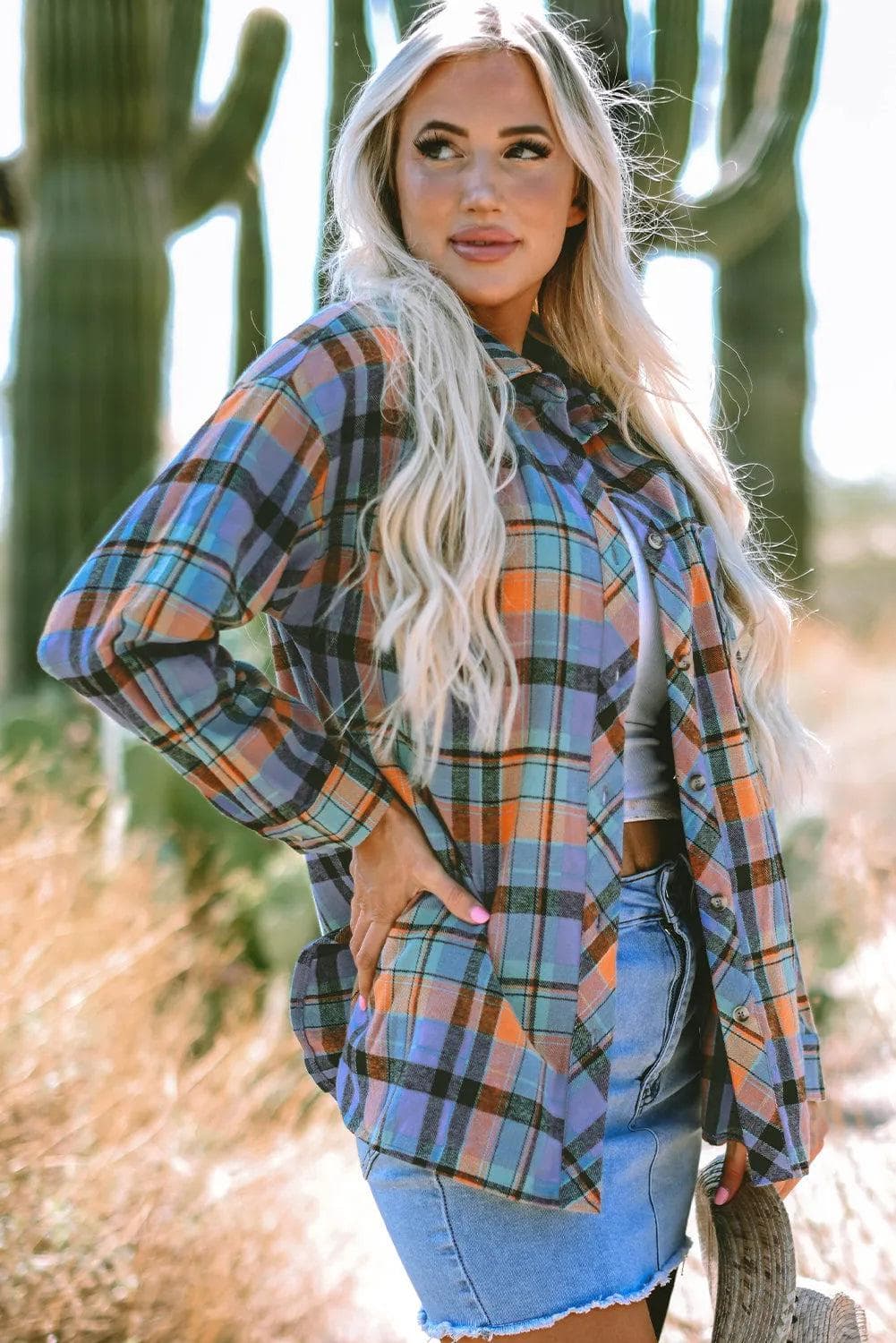 Tops/Blouses & Shirts Orange Plaid Print Loose Vintage Shirt