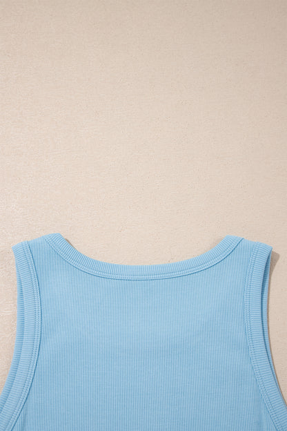 Mist Blue Ribbed Slim Tank Pocketed Wide Leg Shorts Set