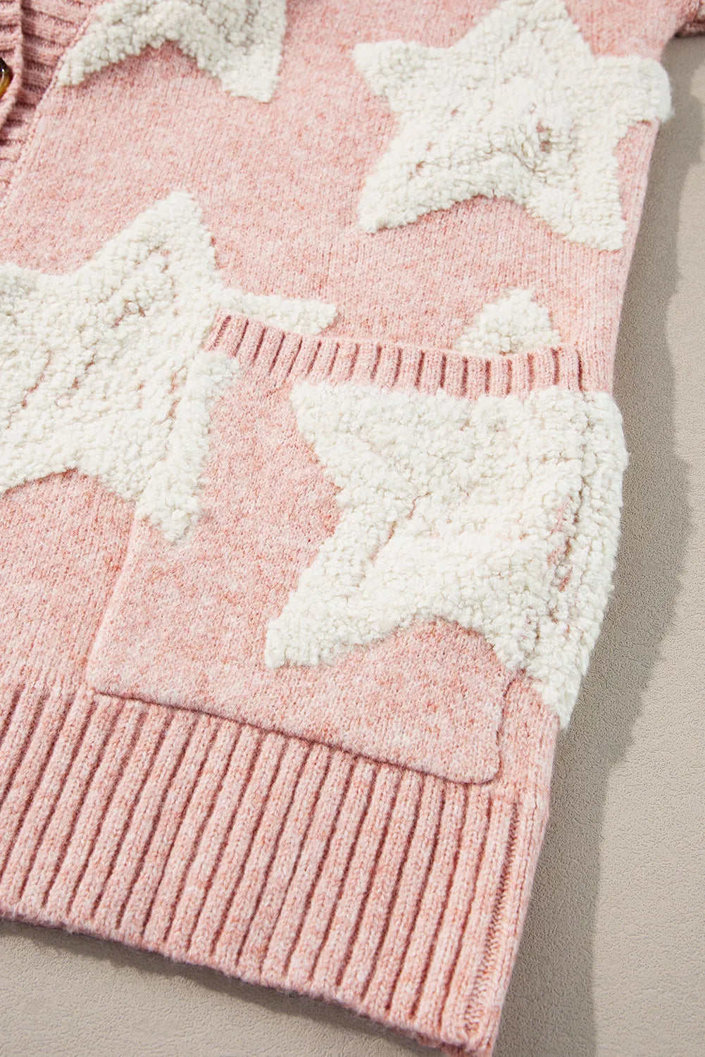 Pink Sherpa Star Pattern Textured Sweater Cardigan with Pockets - Chic Meadow Boutique 