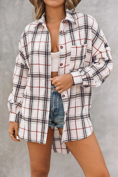 White Oversized Plaid Pattern Shacket with Slits - Chic Meadow Boutique 