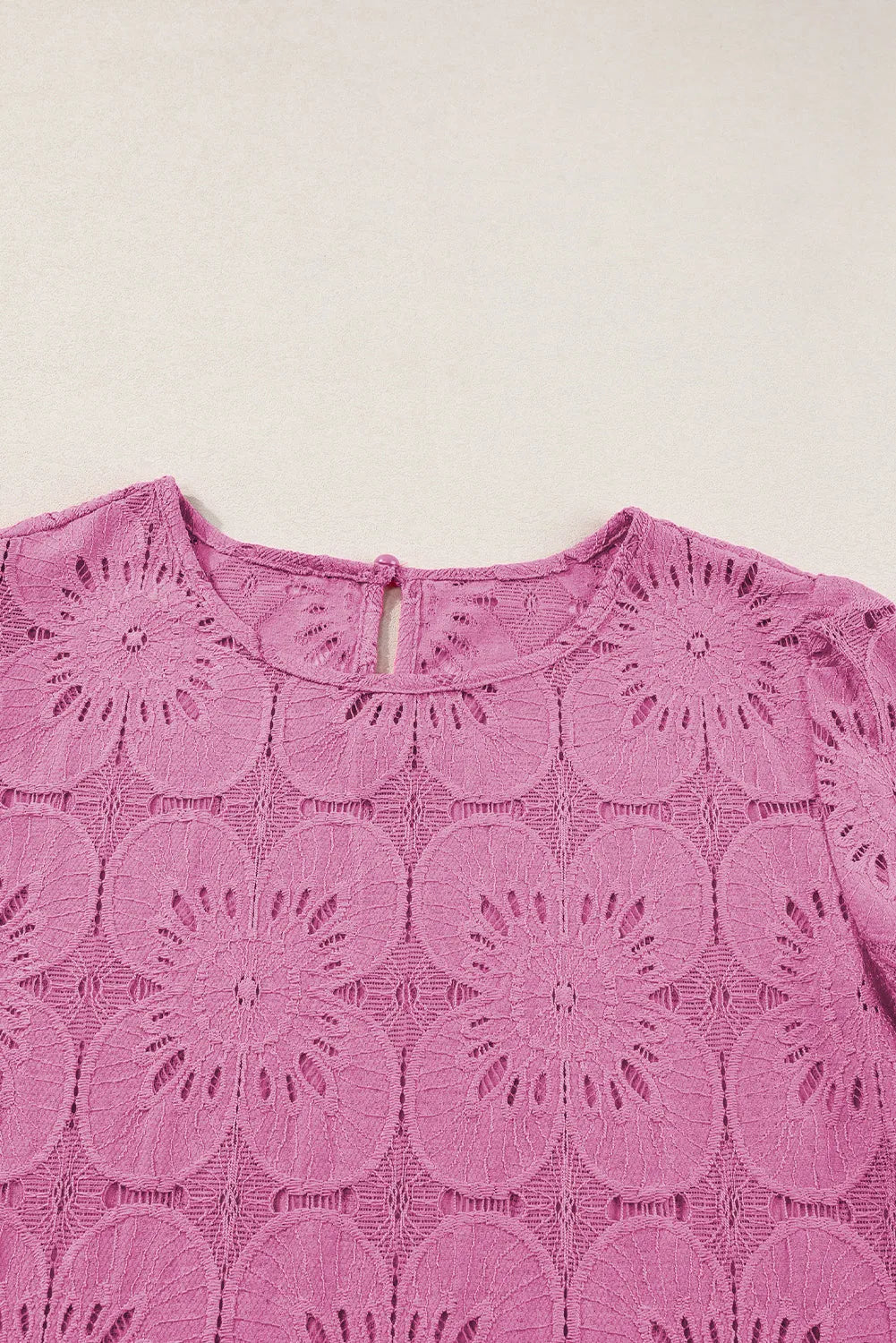 Bright Pink Flower Eyelet Jacquard Keyhole Flounce Sleeve Top - Chic Meadow Boutique 