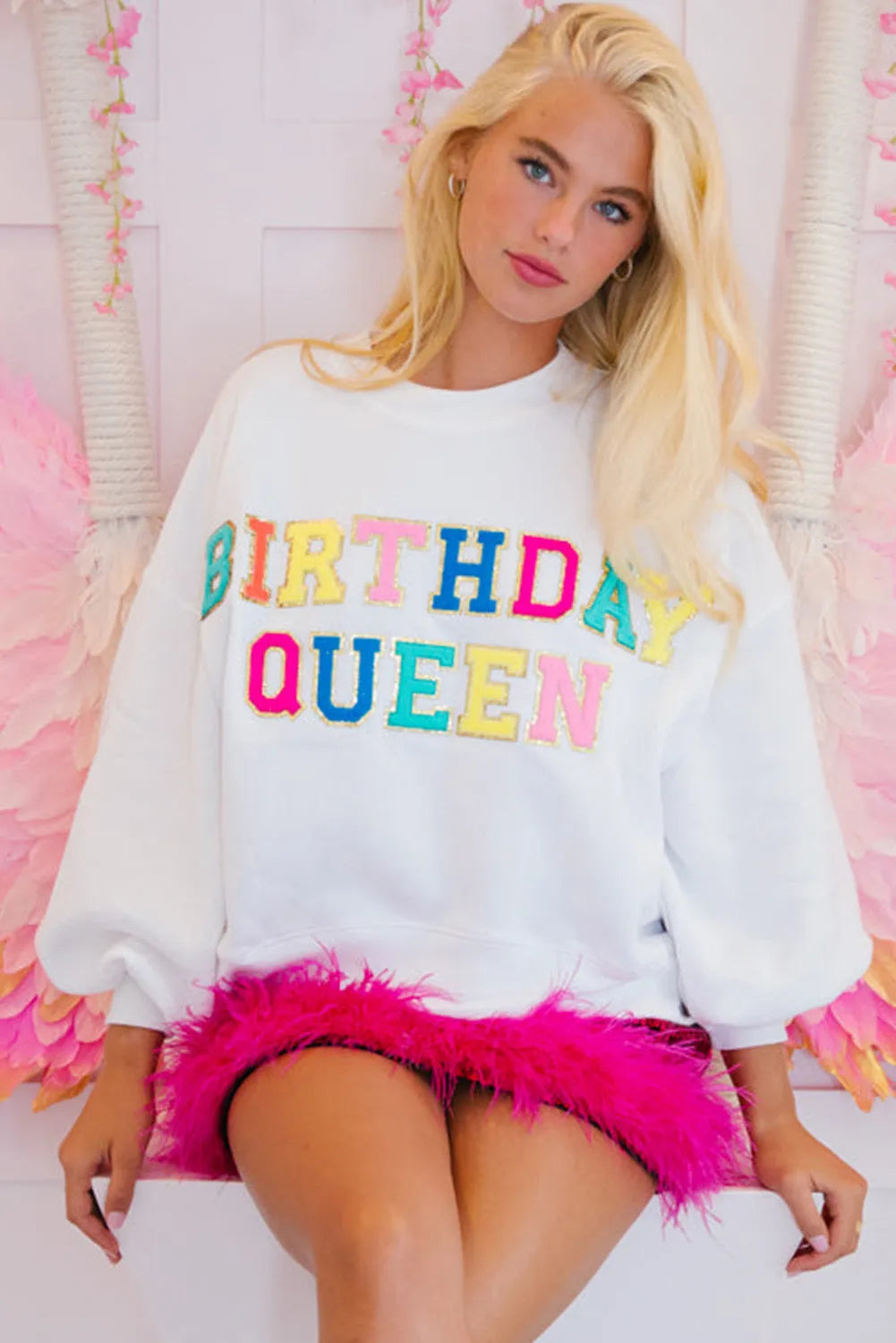 Tops/Sweatshirts & Hoodies White BIRTHDAY QUEEN Graphic Balloon Sleeve Sweatshirt