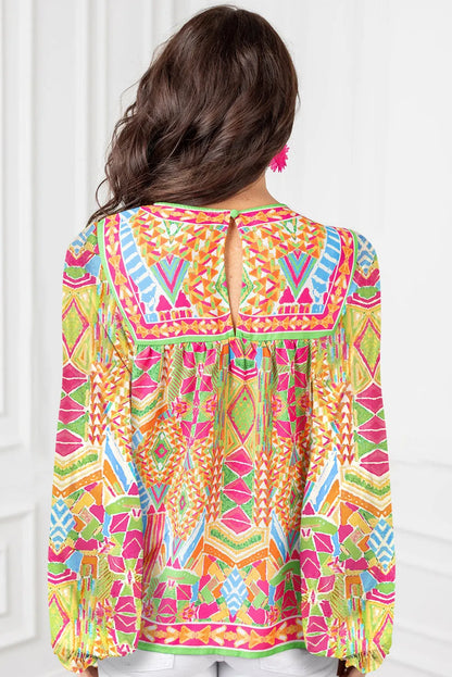 Orange Geometric Print Long Sleeve Keyhole Back Blouse - Chic Meadow Boutique 