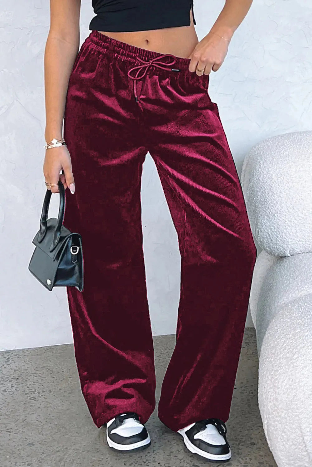 Burgundy Solid Drawstring Waist Wide Leg Pants - Chic Meadow Boutique 