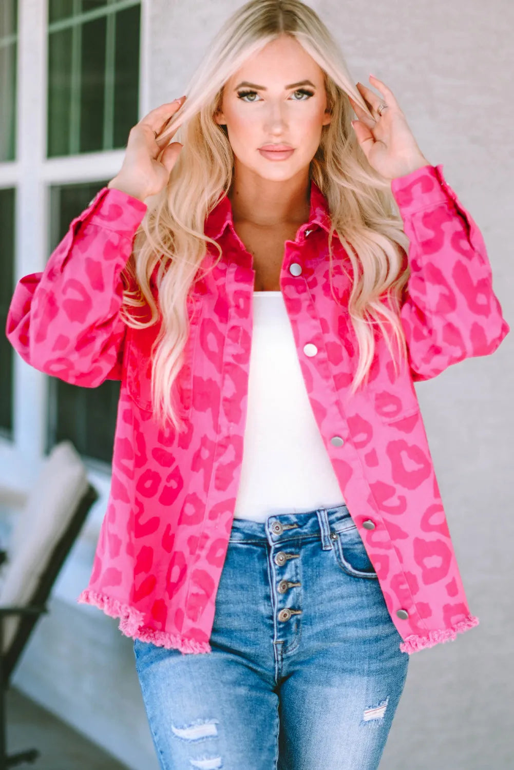 Pink Leopard Print Button Cuffs Raw Hem Jacket - Chic Meadow Boutique 