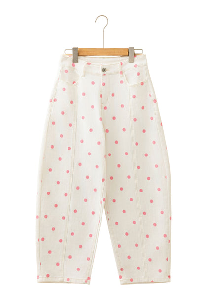 Pink Tailored Seam Polka Dot Print Ankle Length Casual Jeans