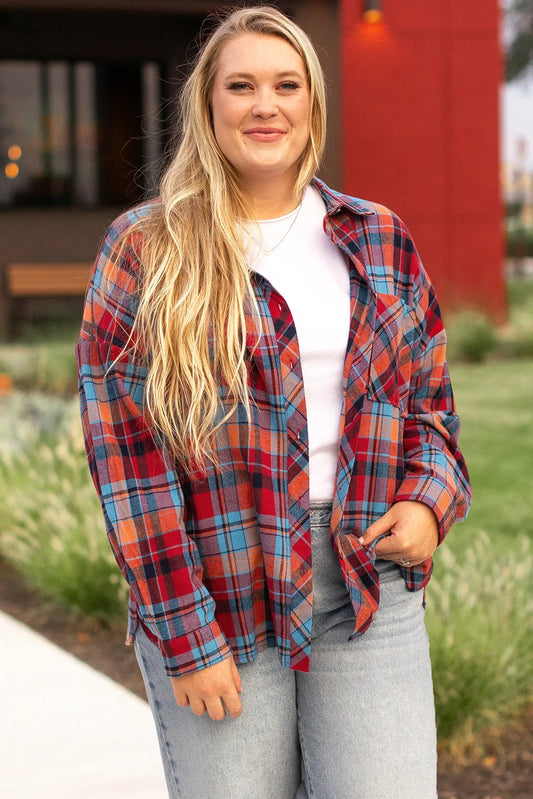 Red Plus Size Plaid Print Buttoned Shirt - Chic Meadow Boutique 