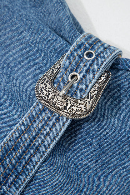 Myosotis Western Belt Button Down Sleeveless Denim Short Dress