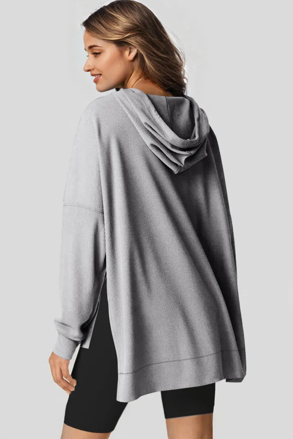 Gray Waffle Knit Fleece Lined High Low Oversized Hoodie - Chic Meadow Boutique 