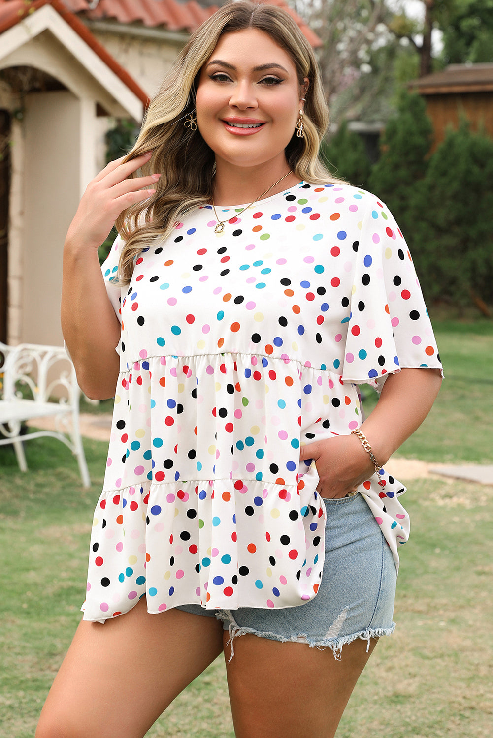Beige Colorful Polka Dot Print Short Sleeve Ruffled Plus Size Babydoll Blouse