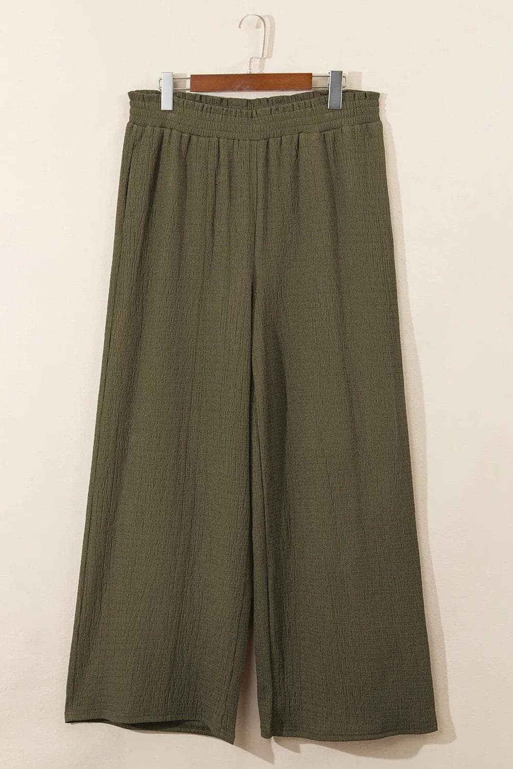 Plus Size/Plus Size Bottoms Jungle Green Plus Size Textured Shirred High Waist Casual Pants