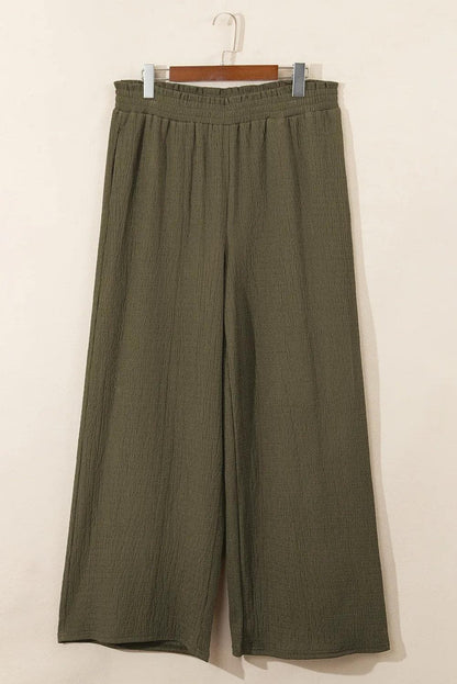 Plus Size/Plus Size Bottoms Jungle Green Plus Size Textured Shirred High Waist Casual Pants