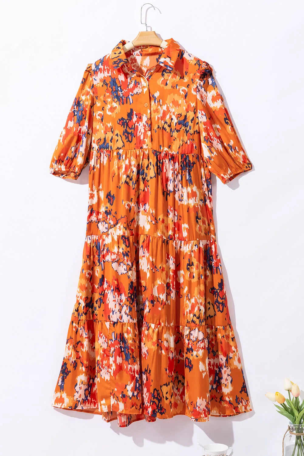 Orange Abstract Print Pleated Half Sleeve Buttoned Maxi Dress - Chic Meadow Boutique 