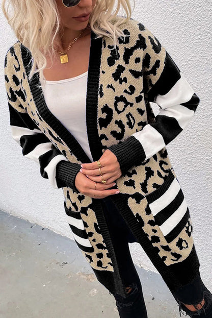 Black Stripe Sleeve Leopard Print Open Front Cardigan With Pockets - Chic Meadow Boutique 