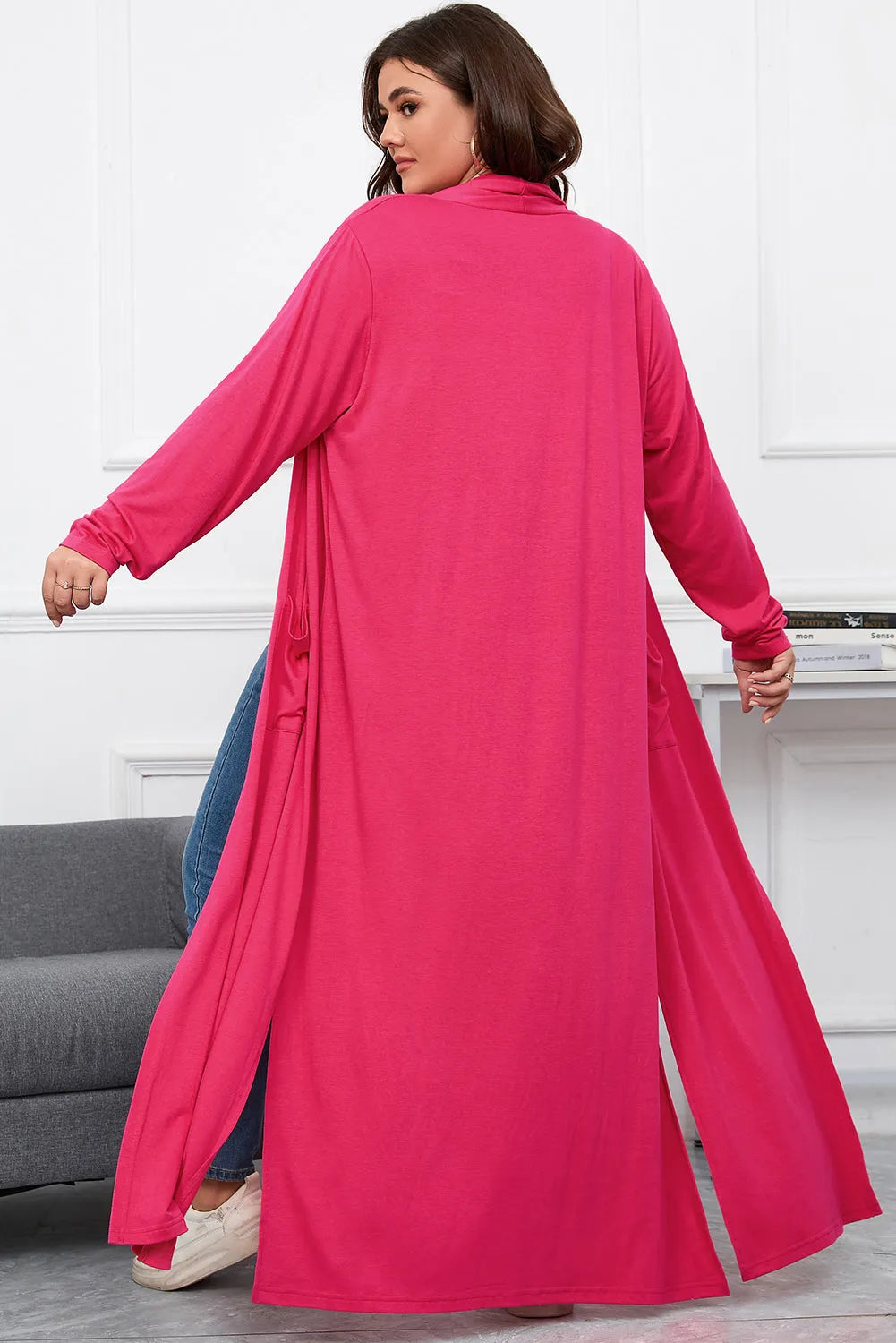 Strawberry Pink Plus Size Side Split Pockets Duster Cardigan - Chic Meadow Boutique 