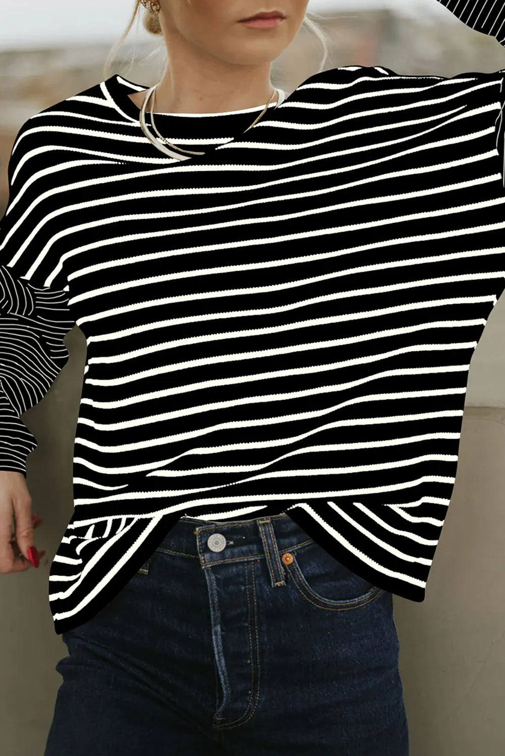 Black Stripe Patchwork Loose Long Sleeve Tee - Chic Meadow Boutique 