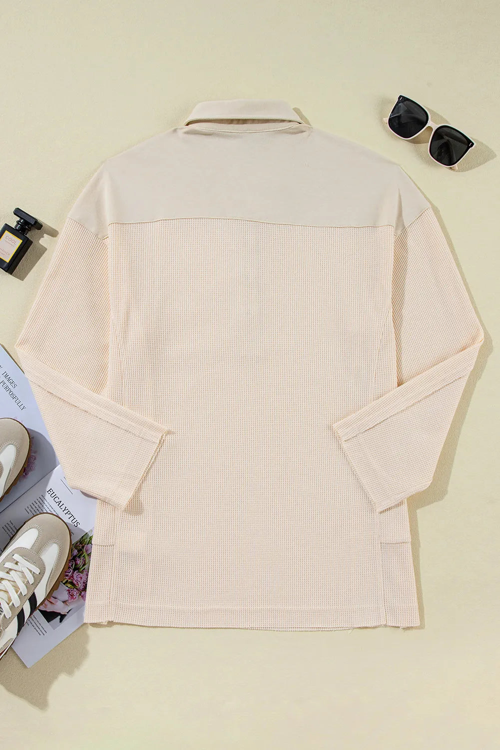 Tops/Long Sleeve Tops Jet Stream Waffle Long Sleeve Collar Half Button Loose Top