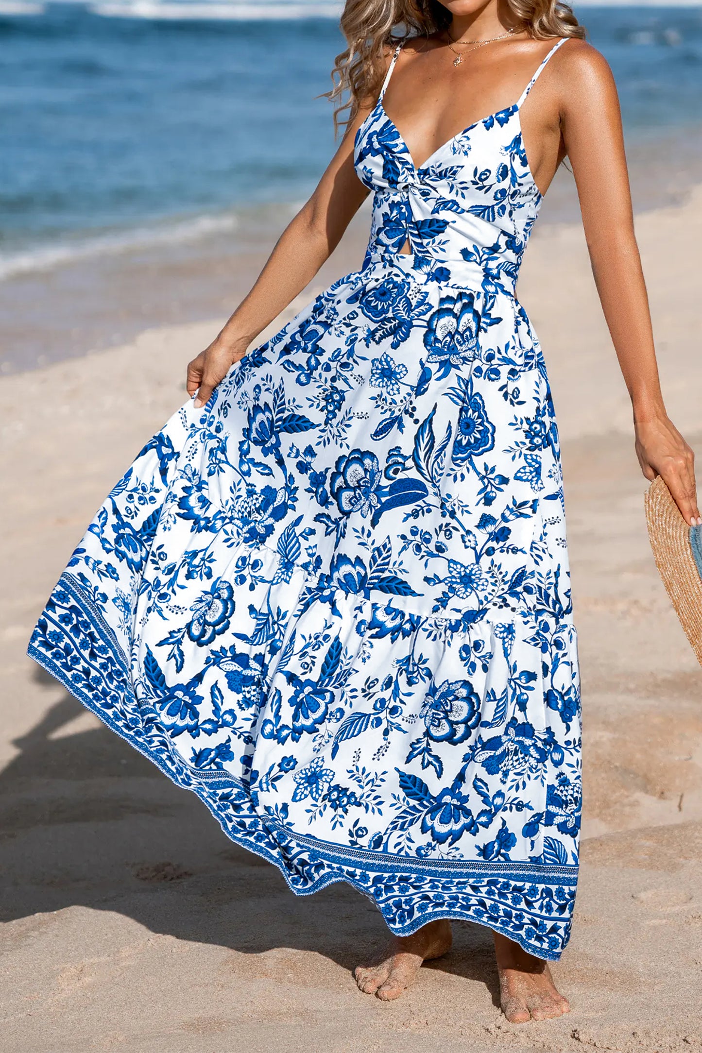 Sky Blue Twisted Bust Spaghetti Straps Backless Floral Maxi Dress