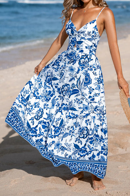 Sky Blue Twisted Bust Spaghetti Straps Backless Floral Maxi Dress
