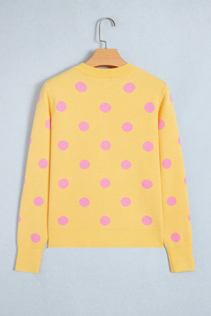 Yellow Cream Casual Polka Dot Button Front Long Sleeve Sweater Cardigan