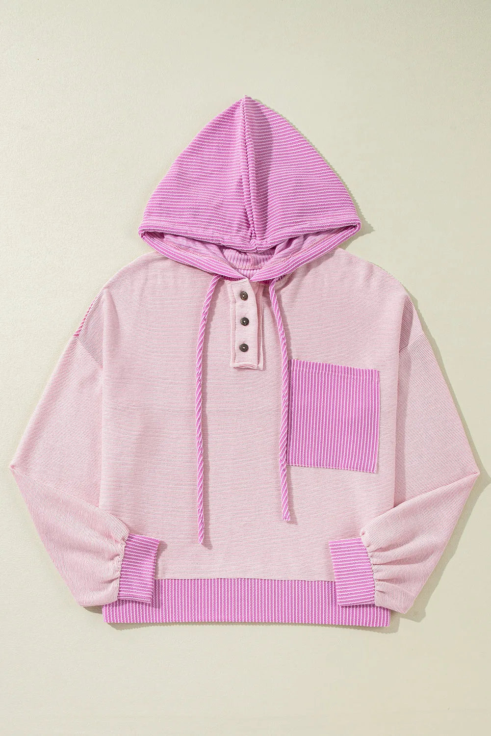 Light Pink Corded Colorblock Patch Pocket Drawstring Hoodie - Chic Meadow Boutique 