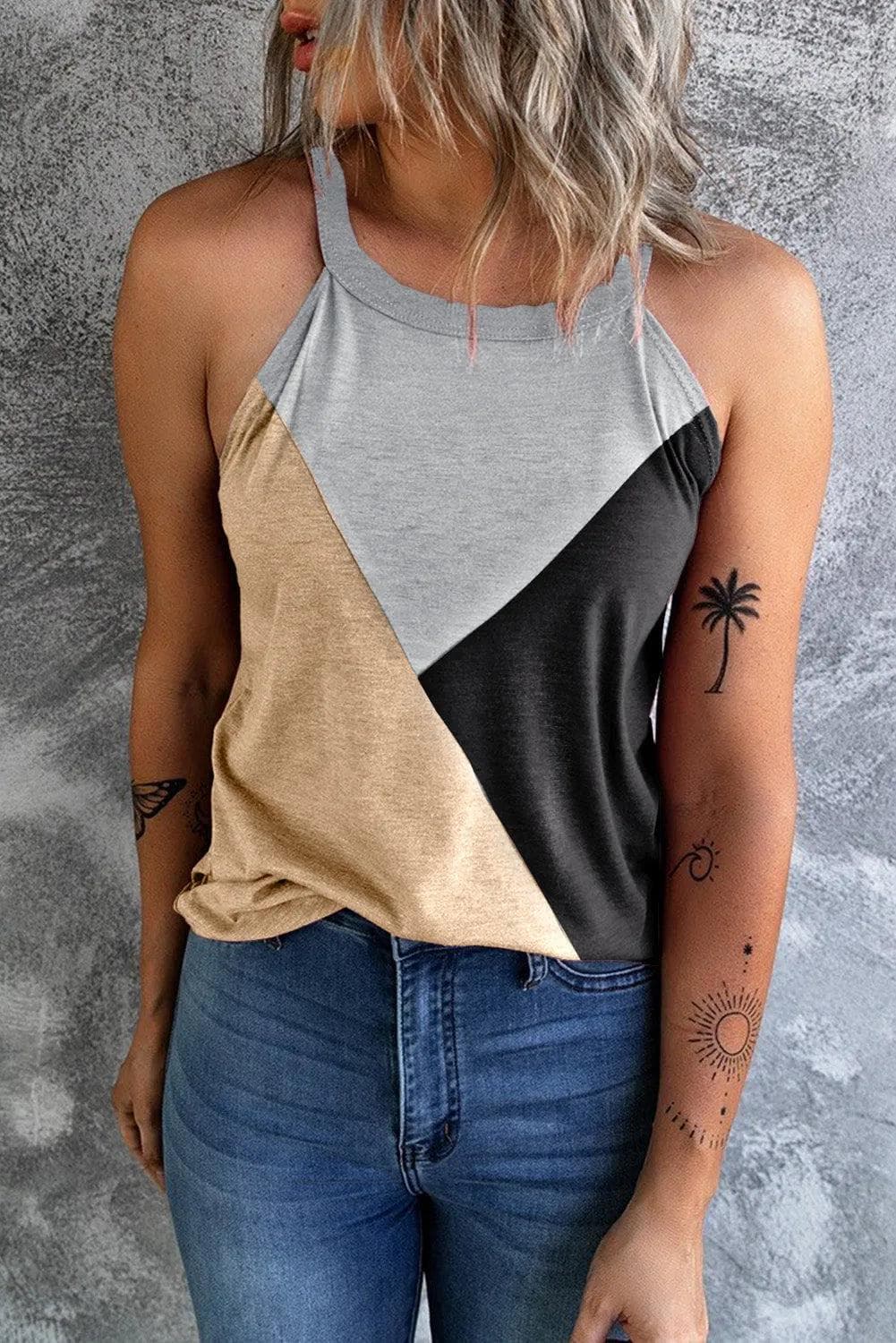 Tops/Tank Tops Light French Beige / S / 65%Polyester+30%Viscose+5%Elastane Light French Beige Geometric Color Block Sleeveless Top