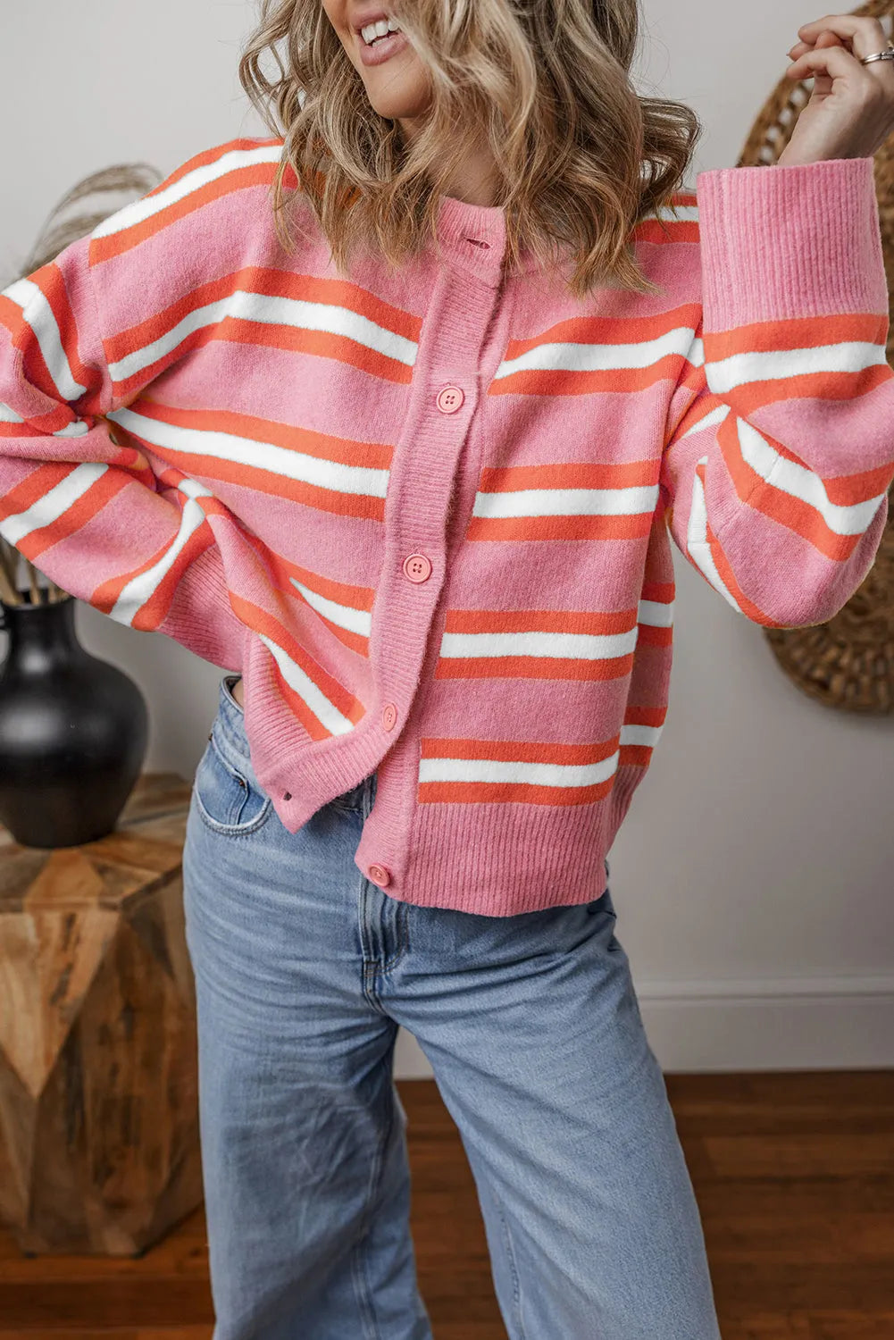 Pink Stripe Drop Shoulder Buttons Cardigan Sweater - Chic Meadow Boutique 