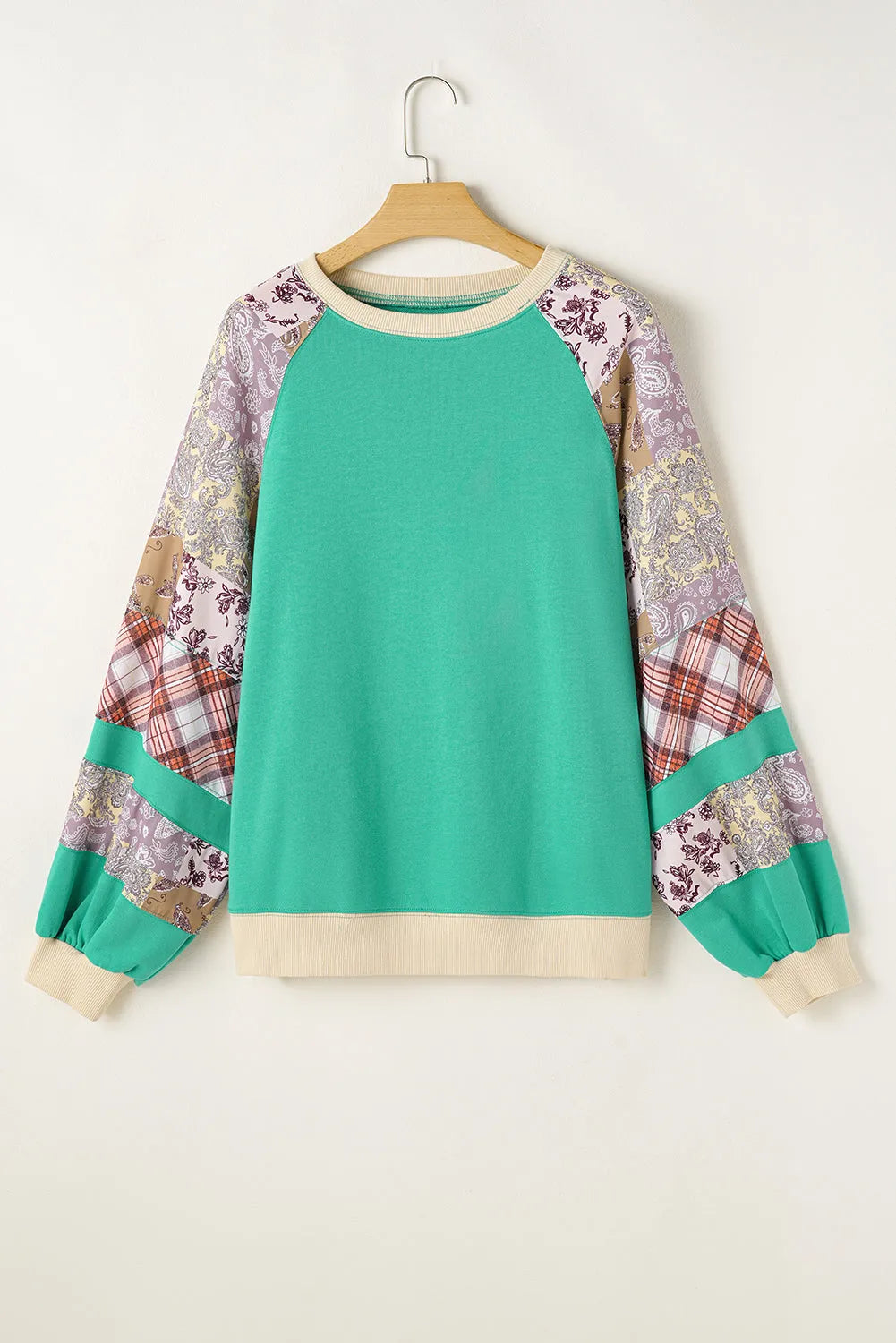 Sky Blue Plus Size Plaid Floral Patchwork Raglan Sleeve Sweatshirt - Chic Meadow Boutique 