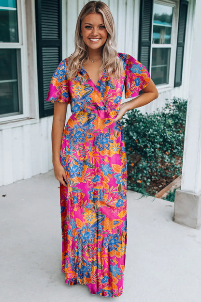 Rose Wrap V Neck Floral Maxi Dress - Chic Meadow Boutique 