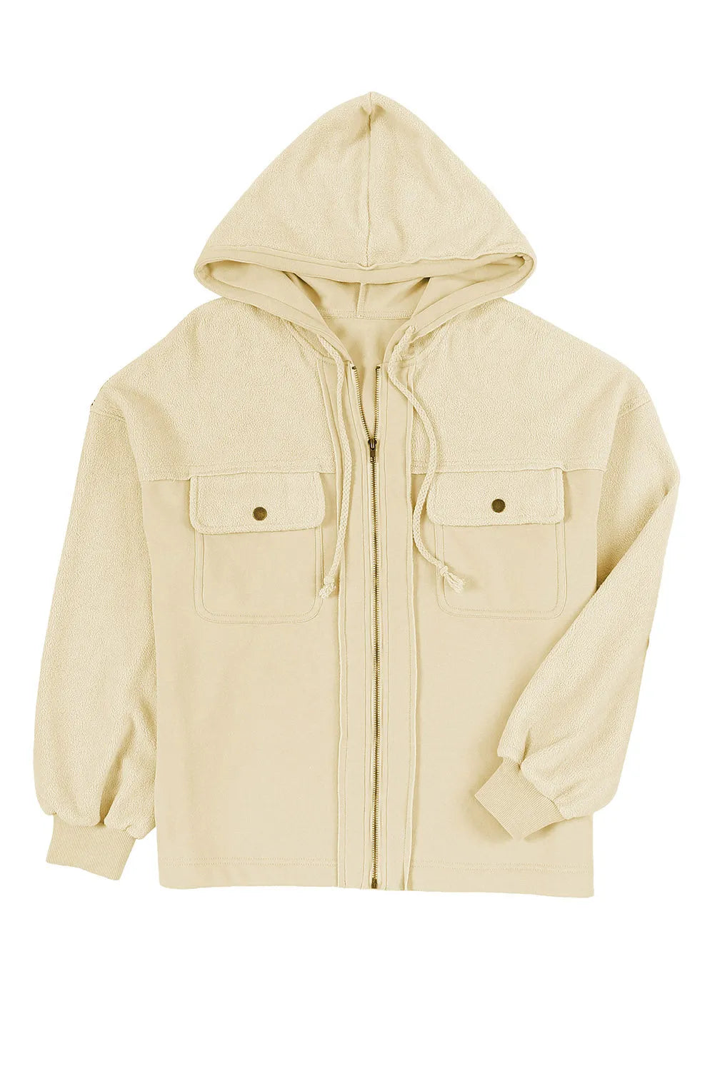 Outerwear/Jackets Apricot Flap Pocket Drawstring Hood Zip Up Jacket